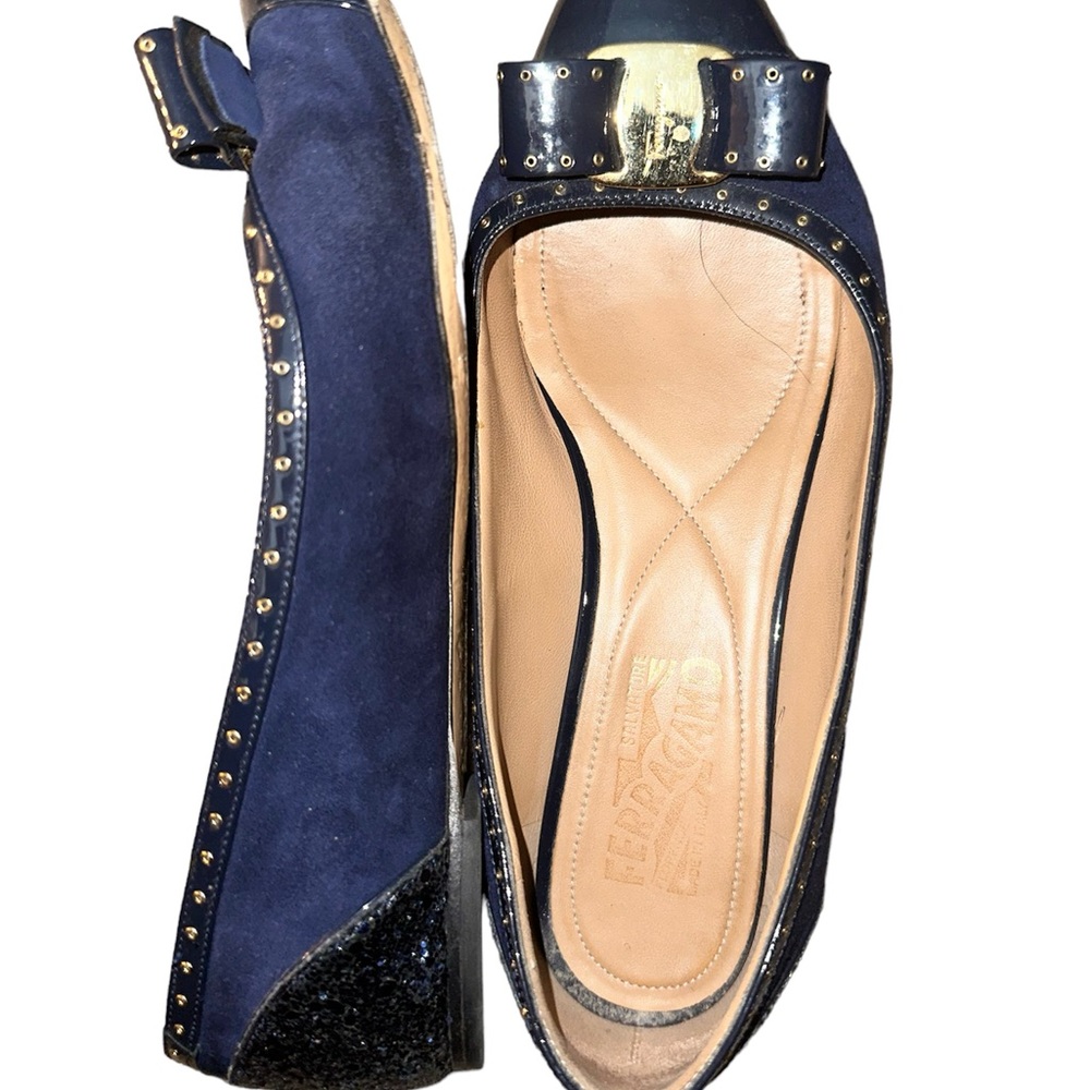 SALVATORE Ferragamo Varina  NAVY Blue/Gold  Glitter Flats Bow 7.5